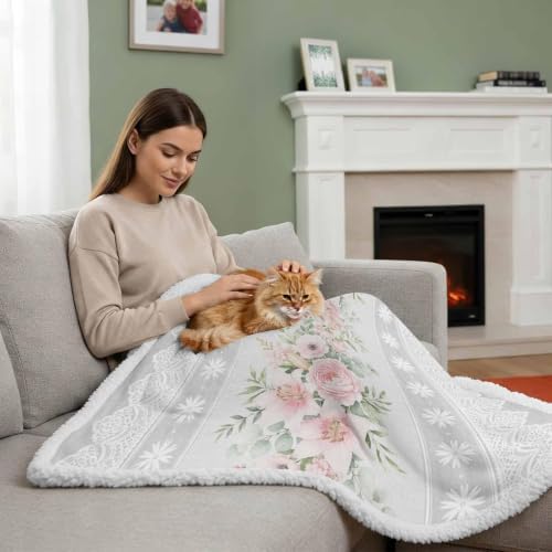 Fleece Sherpa Bed Blankets, Pink Flowers Microfiber Plush Flannel
