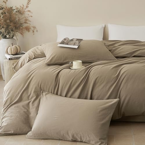 JELLYMONI 100% Cotton Queen Duvet Cover Set, Washed Linen-Like Texture