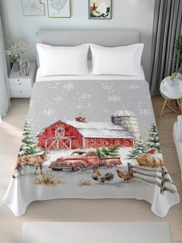 Cal King Size Flat Sheet Only, Farm Barn Christmas Tree on Gray Bed