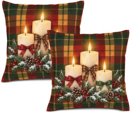 Plaid Accent Pillow Covers 22x22 Inch Set of 2 Linen for Christmas