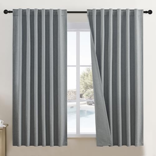 DUALIFE Linen Blackout Curtains 63 Inches Long, Back Tab Rod Pocket