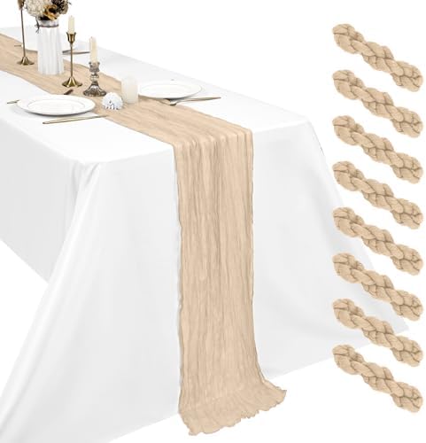 8 Pack Beige Cheesecloth Table Runners, 17 x 108 Inches Boho Wedding