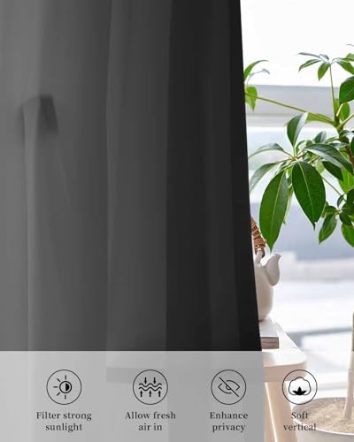 Black Gray Sheer Curtains 63 Inch Length Grommet Semi Sheer Drapes for