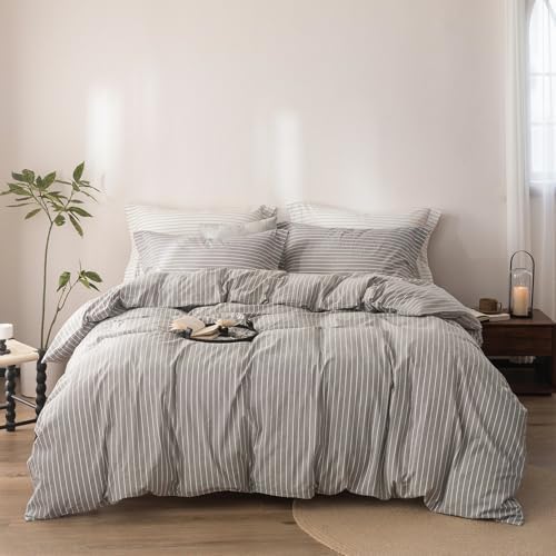 3Pcs Grey White Striped Queen Duvet Cover Set Washed Cotton