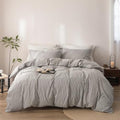 3Pcs Grey White Striped Queen Duvet Cover Set Washed Cotton
