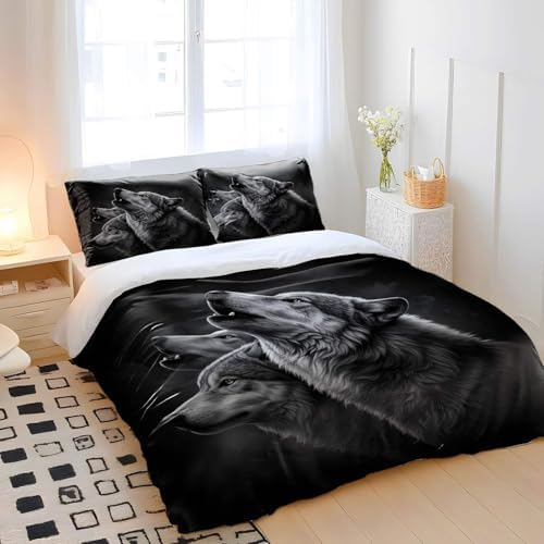 Wolf Animal Sketch Duvet Cover Bedding Sets, Black White Wildlife