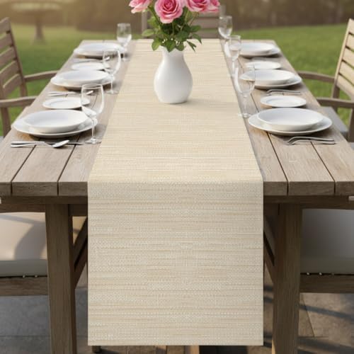 Modern Boho Table Runner 108 Inches, Solid Color Linen Texture Beige