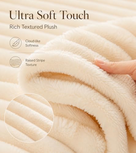 Cream Ribbed Soft Cozy Fleece Blanket for Bed, King, 91"x100"