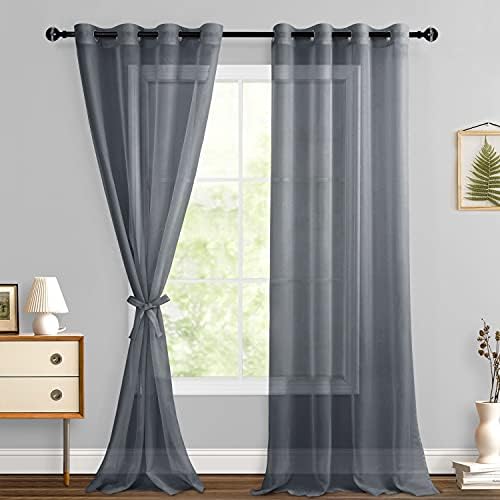 Hiasan Sheer Curtains 96 Inches Long with Tiebacks, Dark Grey, 2