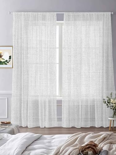 Vintage White Sheer Curtains 108 Inch Long, Linen Texture Farmhouse