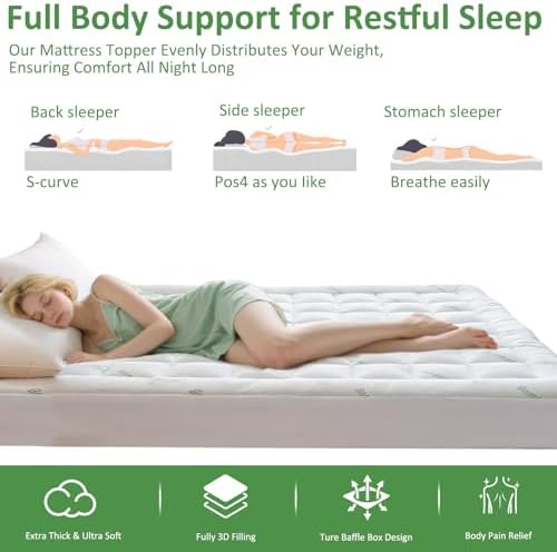 Cooling Mattress Topper Queen – Extra Soft Pillow Top Mattress Pad