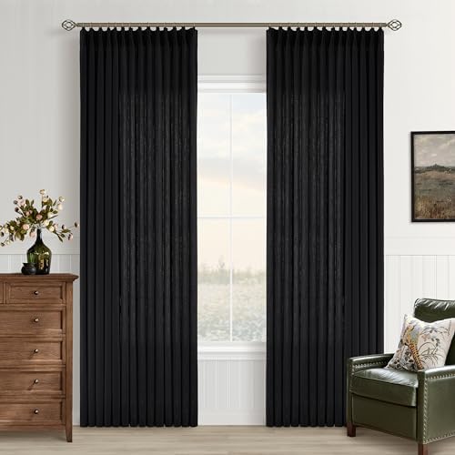 Black Pinch Pleated Semi Sheer Linen Curtains 84 Inch Long for Bedroom