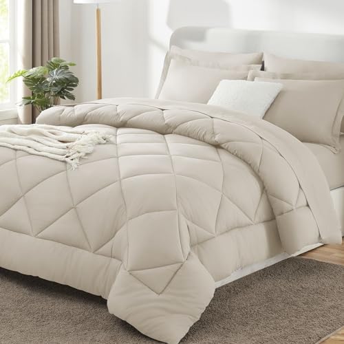 CozyLux King Comforter Set 102"x90" Beige - 7 Piece Bed in a Bag