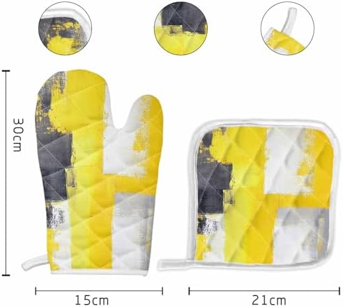 Quilted Cotton Terry Cloth Oven Mitt, Pot Holder Yellow Gray Black