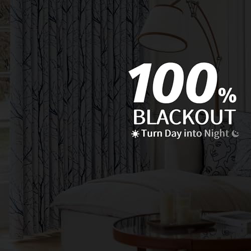 FMFUNCTEX 100% Blackout Blue Grey Tree Branch Curtains 96 Inch 2