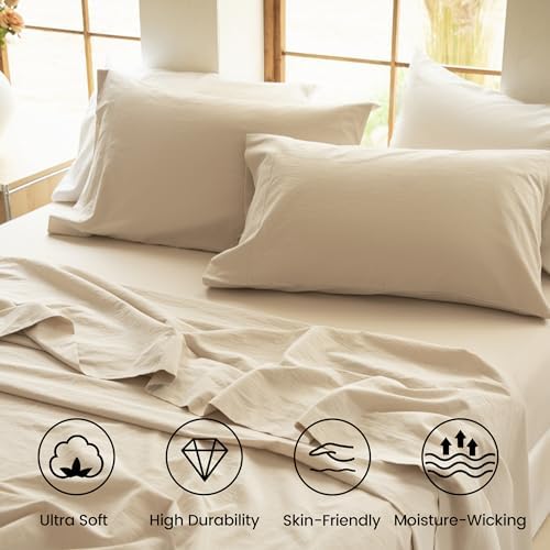 BISELINA 100% Washed Cotton Sheet Set 3 Pcs - 1 Fitted Sheet, 1 Flat