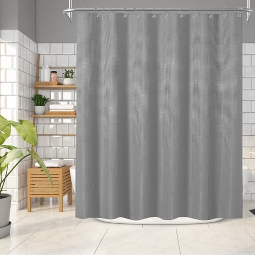 Gray Shower Curtain for Bathroom, Waterproof Boho Waffle Shower