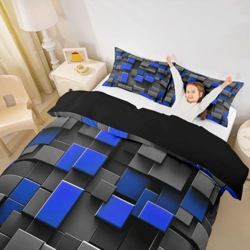 Manfei Abstract Style Comforter Cover King Size Black Gray Blue Grid
