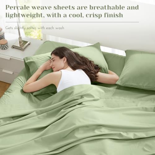 Comfort Spaces 100% Cotton Percale Sheets Queen Sheet Set 4 Pcs, Sage