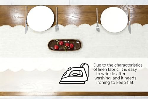 100% Natural Linen Rustic Scalloped Embroidery Table Runner 144 Inches