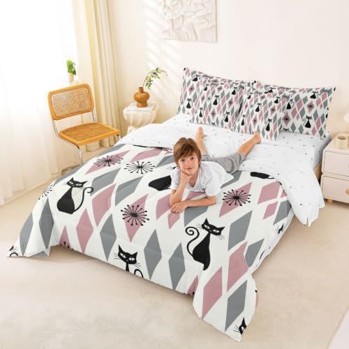 Manfei Black Cat Full Size Comforter Set,Geometric Rhombus Square