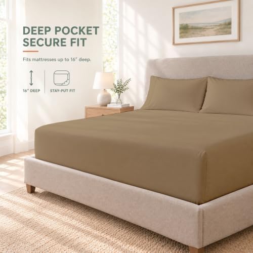 Short Queen Sheet Set, 4-Piece 16" Deep Pocket, Egyptian Cotton, Taupe
