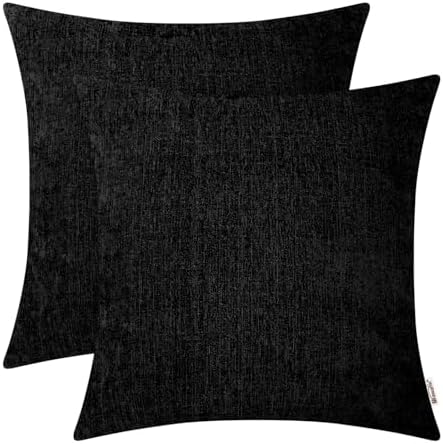BRAWARM Chenille Throw Pillow Covers 18x18 Inches, Black, Pack of 2