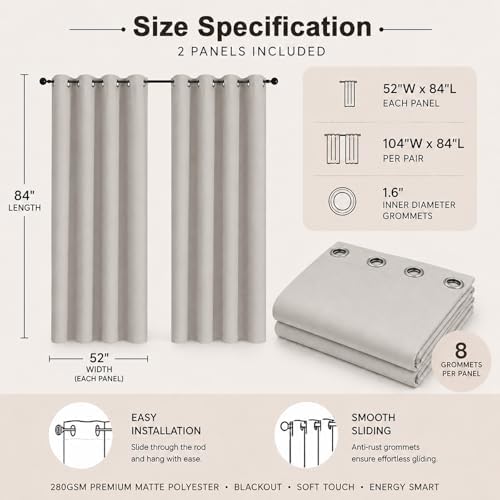 Simplebrand Natural Blackout Curtains 84 Inch Length 2 Panels Set for