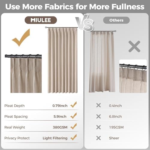 MIULEE Pinch Pleated Thick Linen Curtains 96 Inch 2 Panels Burlywood