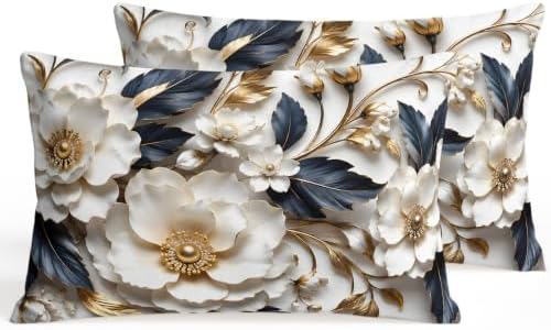 Cream Gold Flowers Lumbar Pillow Covers 12 x 20 Inch Pillow Covers Set