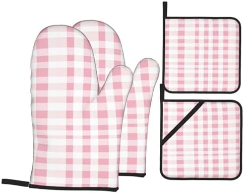 Oven Mitts Pink Gingham Aesthetic Heat Resistant Silicone Oven Mitts