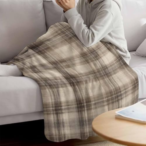 Taupe Oatmeal Plaid Throw Blanket for Couch, Traditional Striped Lines