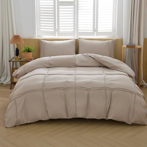 AiMay Duvet Cover Set Queen Size Pintuck Pleated Bedding Set 3 Pieces