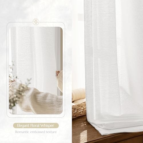 Beauoop White Semi Sheer Curtains for Living Room 52x96 2 Panels