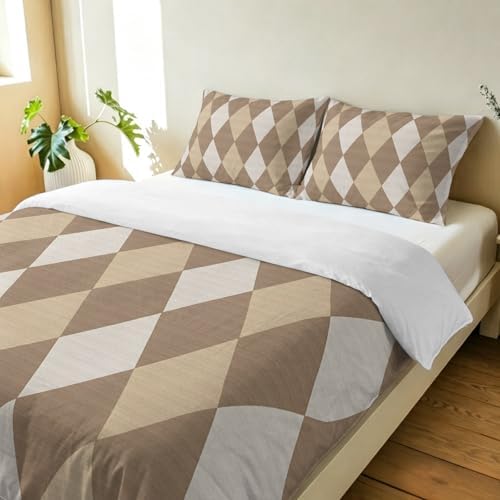 3 Pieces Bedding Set King Size, Coffee Beige Rhombus Soft Duvet Covers