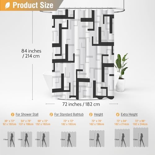 BTTN 72x84 Extra Long Fabric Geometric Shower Curtain Set, Black and