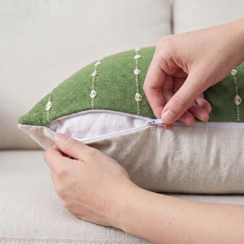 AVOIN colorlife Olive Green Boho Linen Throw Pillow Covers 22x22 Inch