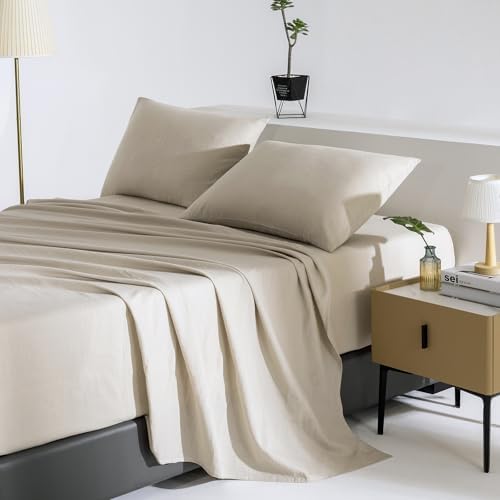 TUMEI Premium French Linen Blend Flat Sheet King Size, Natural Linen