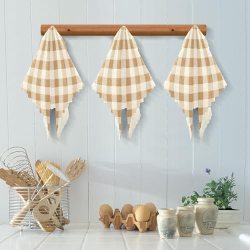 Dish Towels Beige Gingham Netural Absorbent Cotton Kitchen Towels