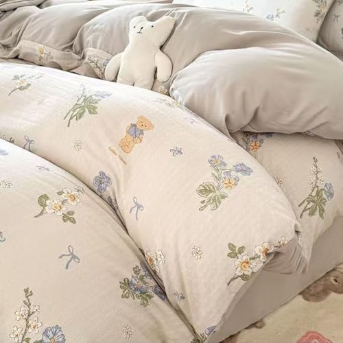 Queen Size Duvet Cover Set, Floral Knitted Cotton Bedding Comforter