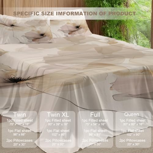 Floral Fluid Lines Artwork Queen Sheet Set, Delicate Petal Depiction