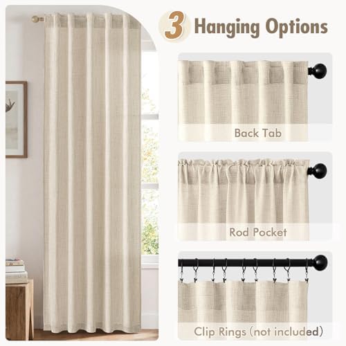 MIULEE Faux Linen Curtains 63 Inch Length 2 Panels Natural Cream Beige