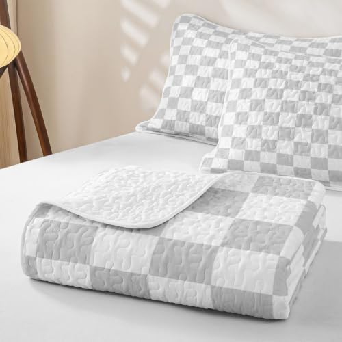Manfei Neutral Checkerboard Quilt Set Queen Size,Simple Block Quilted