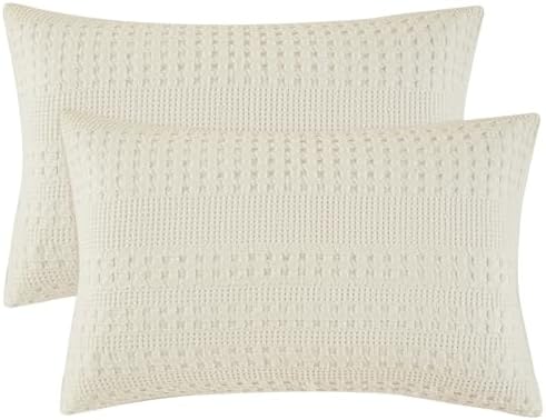 PHF Cotton Waffle Pillow Shams King Size 20" x 36", Ivory, No Insert
