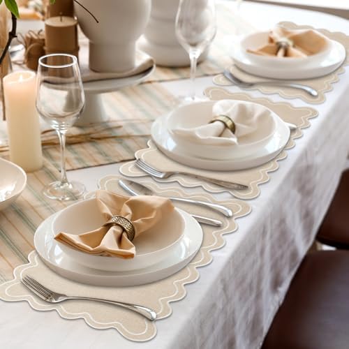 Set of 4 Cotton Linen Scalloped Placemats, Beige