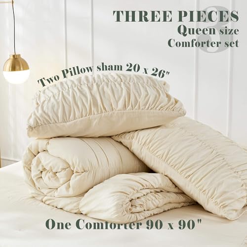 Bonlino Wheat Ruched Comforter Set Queen Size Ruffle Comforter Bedding