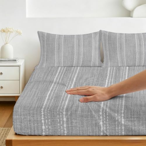Queen Fitted Sheet Deep Pocket, Modern Minimalist Gray Stripes Soft