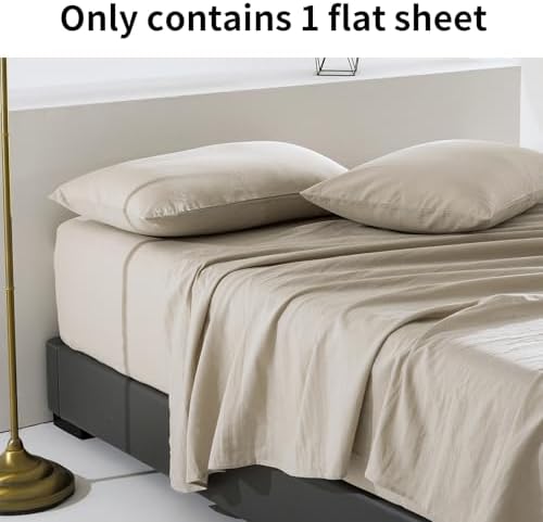 TUMEI Premium French Linen Blend Flat Sheet King Size, Natural Linen