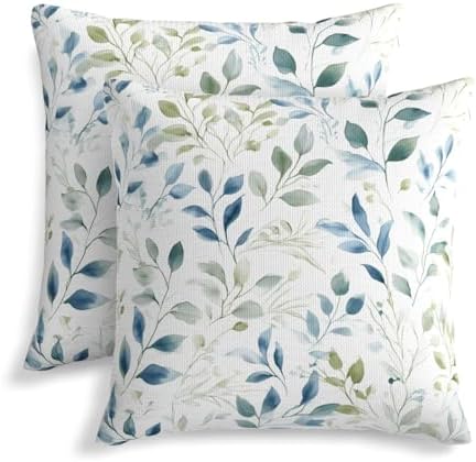 KiuLoam Blue Sage Green Watercolor Leaves Pillow Covers 22x22 Inch Set