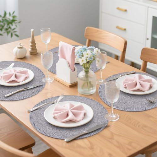 15" Round Placemats Set of 6, Faux Linen Cloth Place Mats, Grey